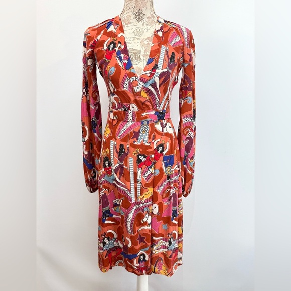 CLEMENTS RIBEIRO Vibrant Orange Red Sheath Dress with Bishop Sleeves size XS - Picture 1 of 13